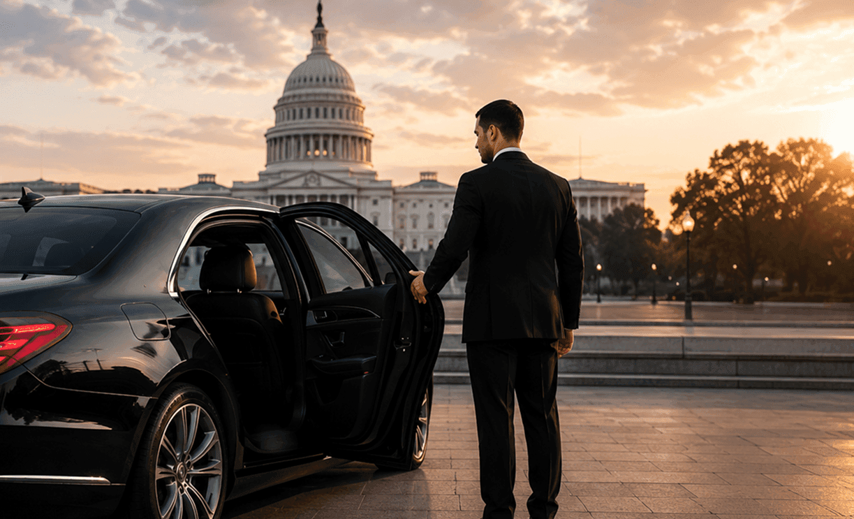 Chauffeur opening luxury vehicle door near US Capitol